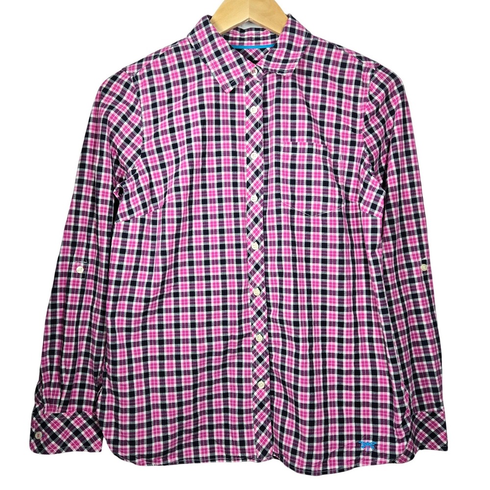 Talbots Womens Small Pink Navy Plaid Button Down Shirt Roll Tab Cotton Dragonfly